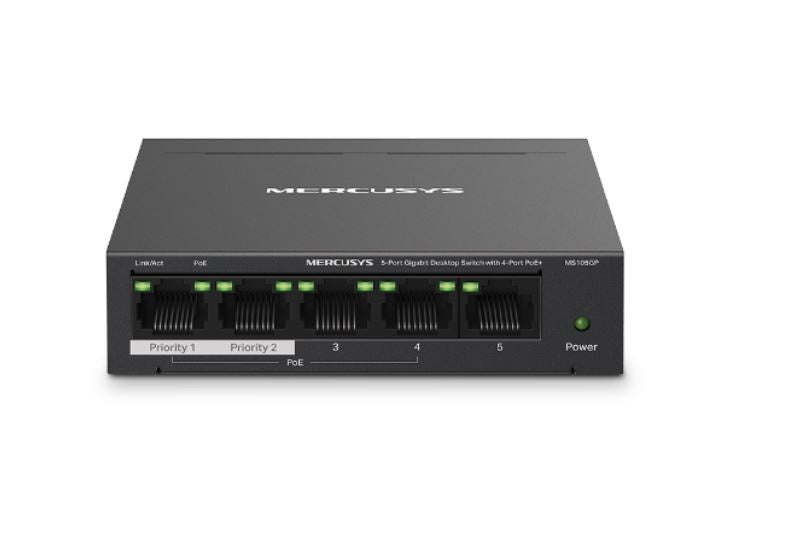 Mercusys MS105GP 5-Port Gigabit Desktop Switch with 4-Port PoE+, 10/100/1000 Mbps RJ45 ports, Up to 250 m NWMS-MS105GP