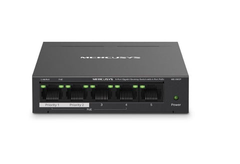 Mercusys MS105GP 5-Port Gigabit Desktop Switch with 4-Port PoE+, 10/100/1000 Mbps RJ45 ports, Up to 250 m NWMS-MS105GP