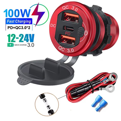 115W Car Charger QC3.0 and PD Type C Three USB Car Charger Socket With Voltmeter Switch Aluminium Metal Quick Charge Adapter