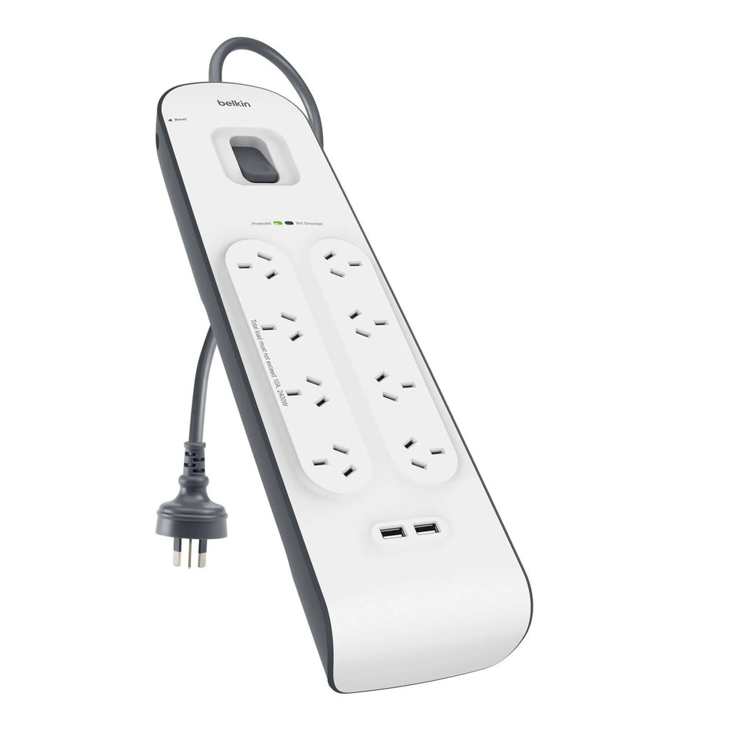Belkin SurgePlus 8-Outlet Surge Protection Strip With Two (2.4) Amp USB Charging Ports - White (BSV804au2M), 2M Power Cord, 2 Years Warranty