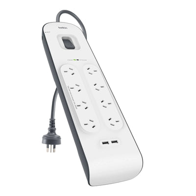 Belkin SurgePlus 8-Outlet Surge Protection Strip With Two (2.4) Amp USB Charging Ports - White (BSV804au2M), 2M Power Cord, 2 Years Warranty