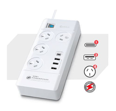 Sansai 4 Outlet 3xUSB-A & 1xUSB-C Powerboard Master On/Off switch Surge and overload protected Fast charging 1M 20W 220-240V 10A IV Retail box
